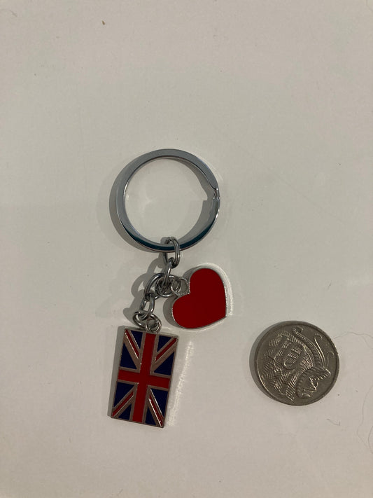 Metal Red Heart and Union Jack Flag Keyring