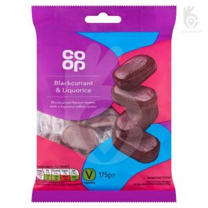 A packet of Co op Blackcurrant and liquorice sweets, 175g
